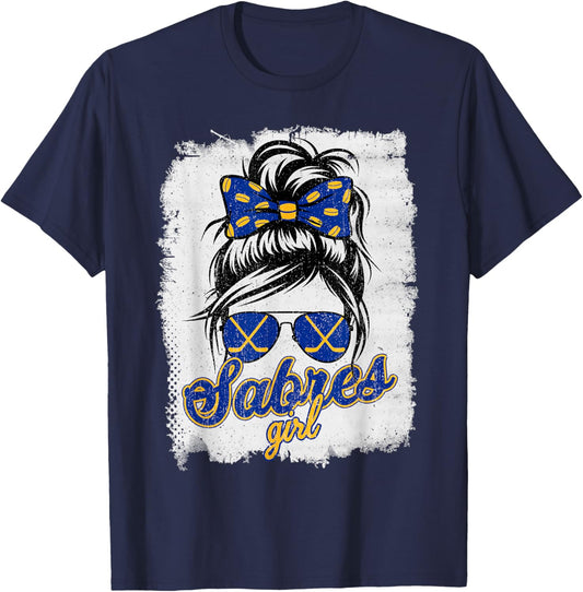 Vintage Sabres Girl Messy Bun Retro Sports Fan Team Spirit T-Shirt - T-Shirt | Navy