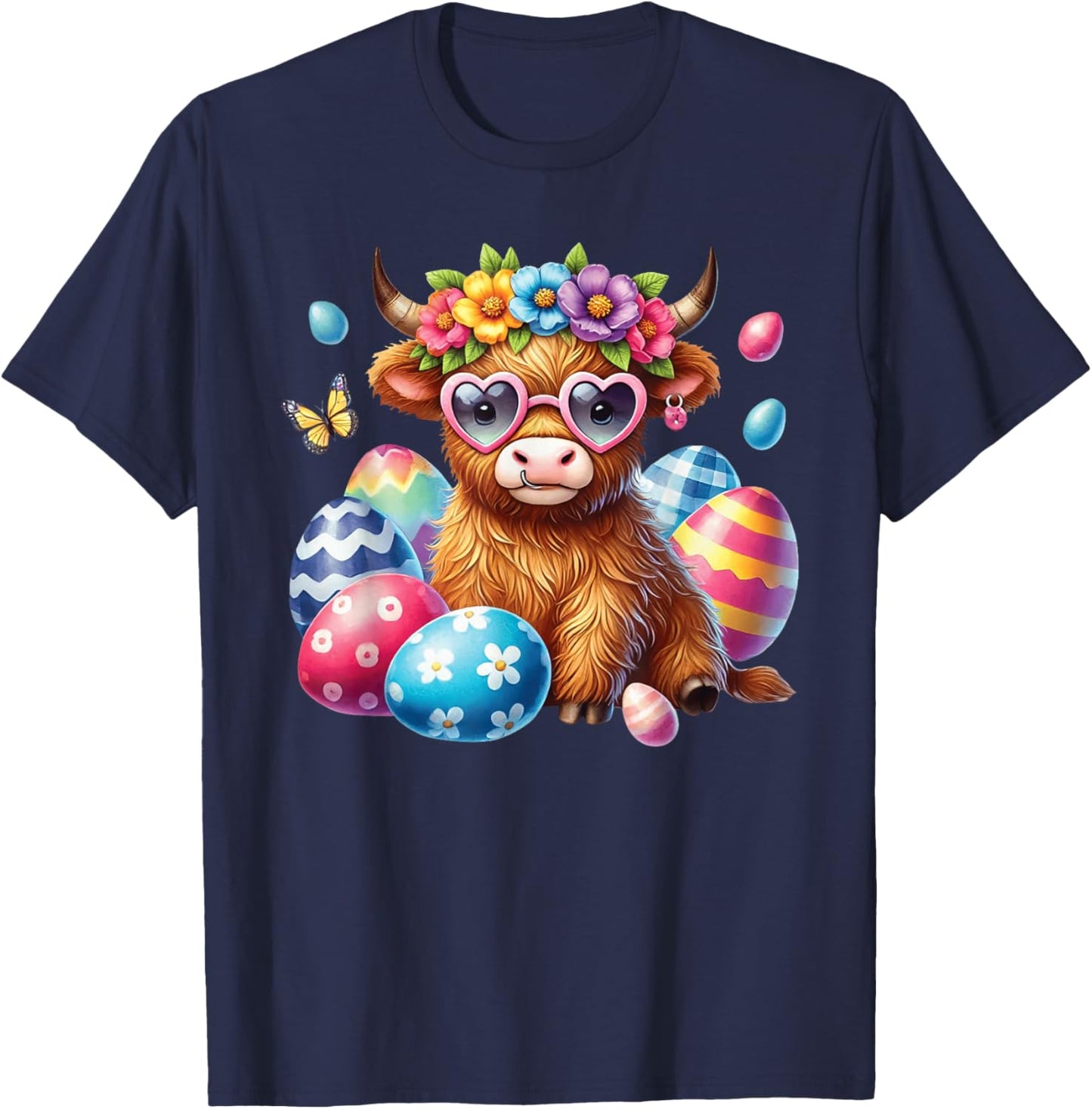Happy Easter Highland Cow Heifer Easter Day Farmer Cowgirl T-Shirt - T-Shirt | Navy