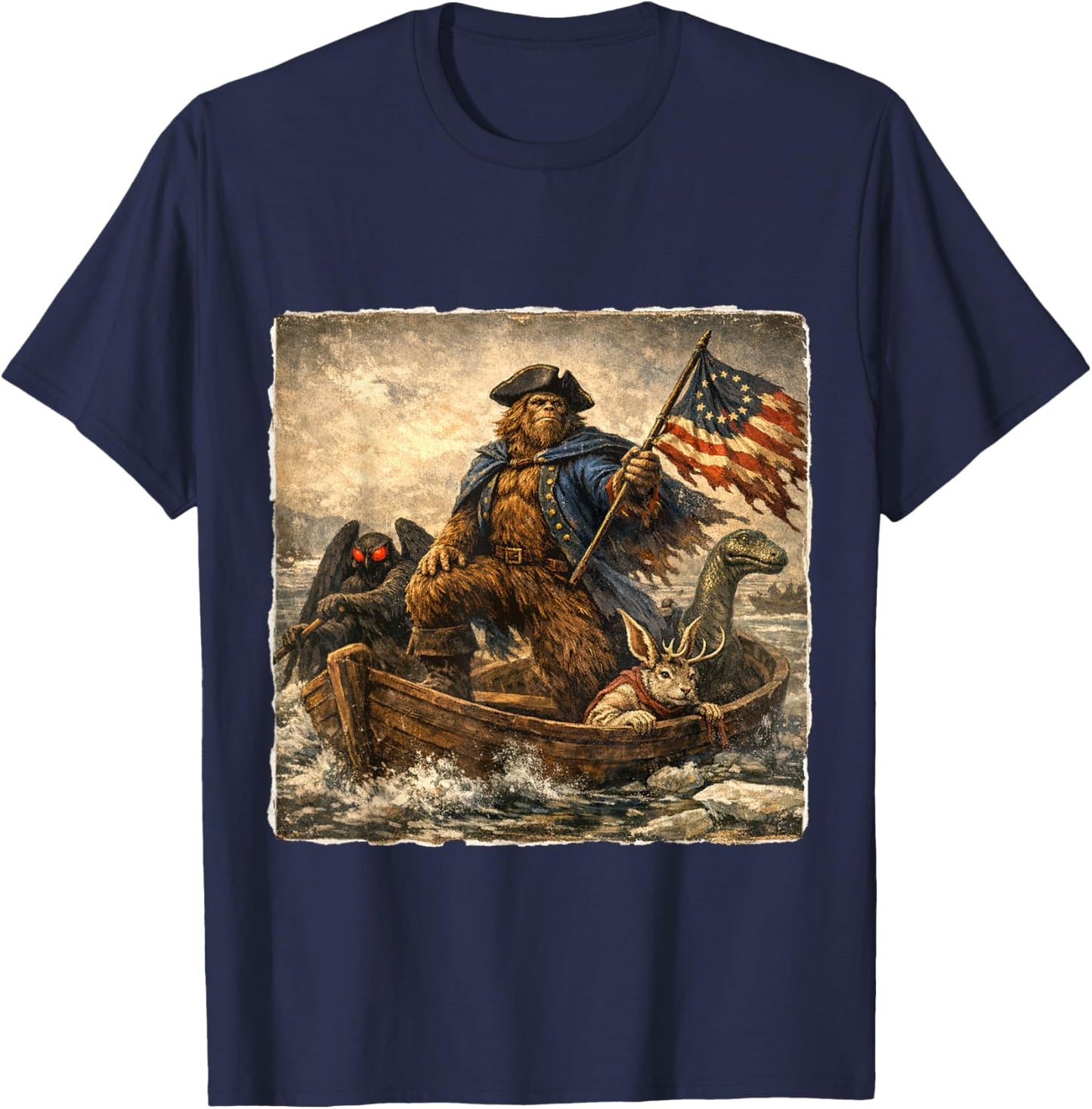Bigfoot Crossing The Delaware Patriotic Funny 4th of July T-Shirt - T-Shirt | Navy