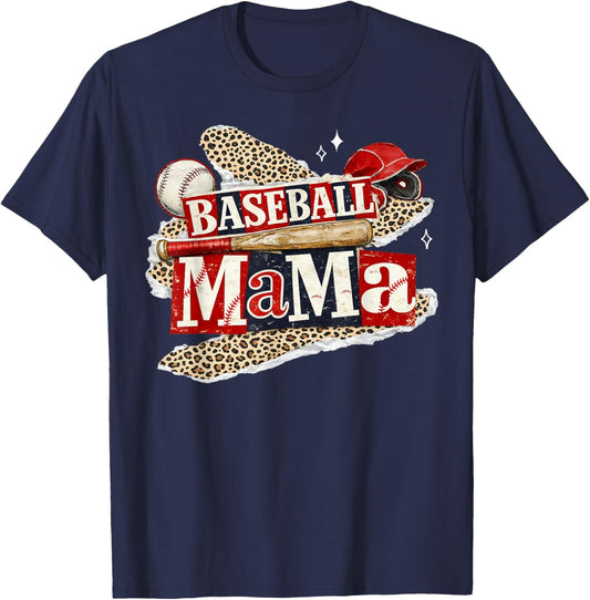 Baseball Mama Leopard Game Day Baseball Season for Mom Women T-Shirt - T-Shirt | Navy