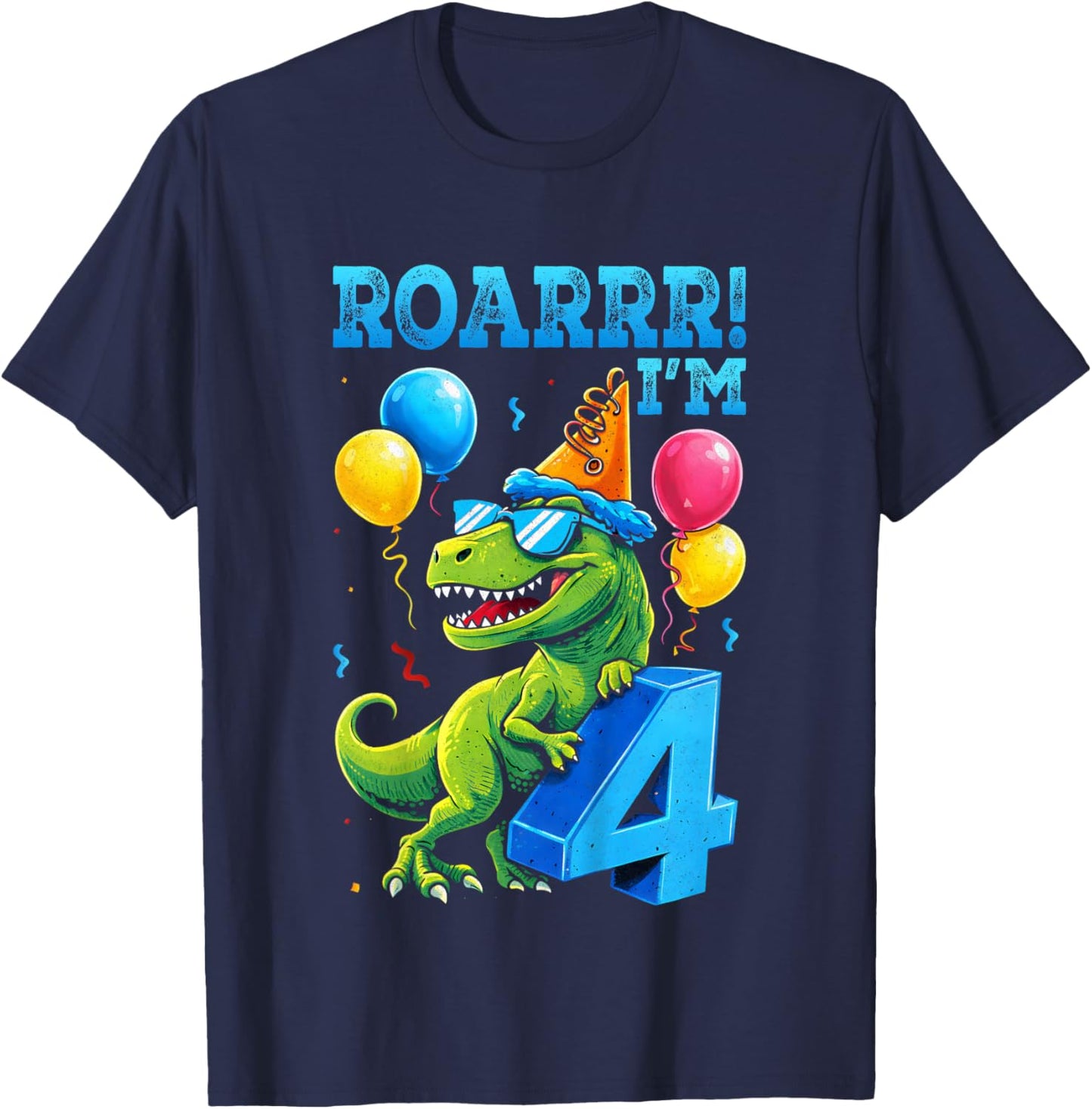 Kids Dinosaur T-Rex Roar I'm 4 Funny 4th Birthday Party Kids T-Shirt - T-Shirt | Navy