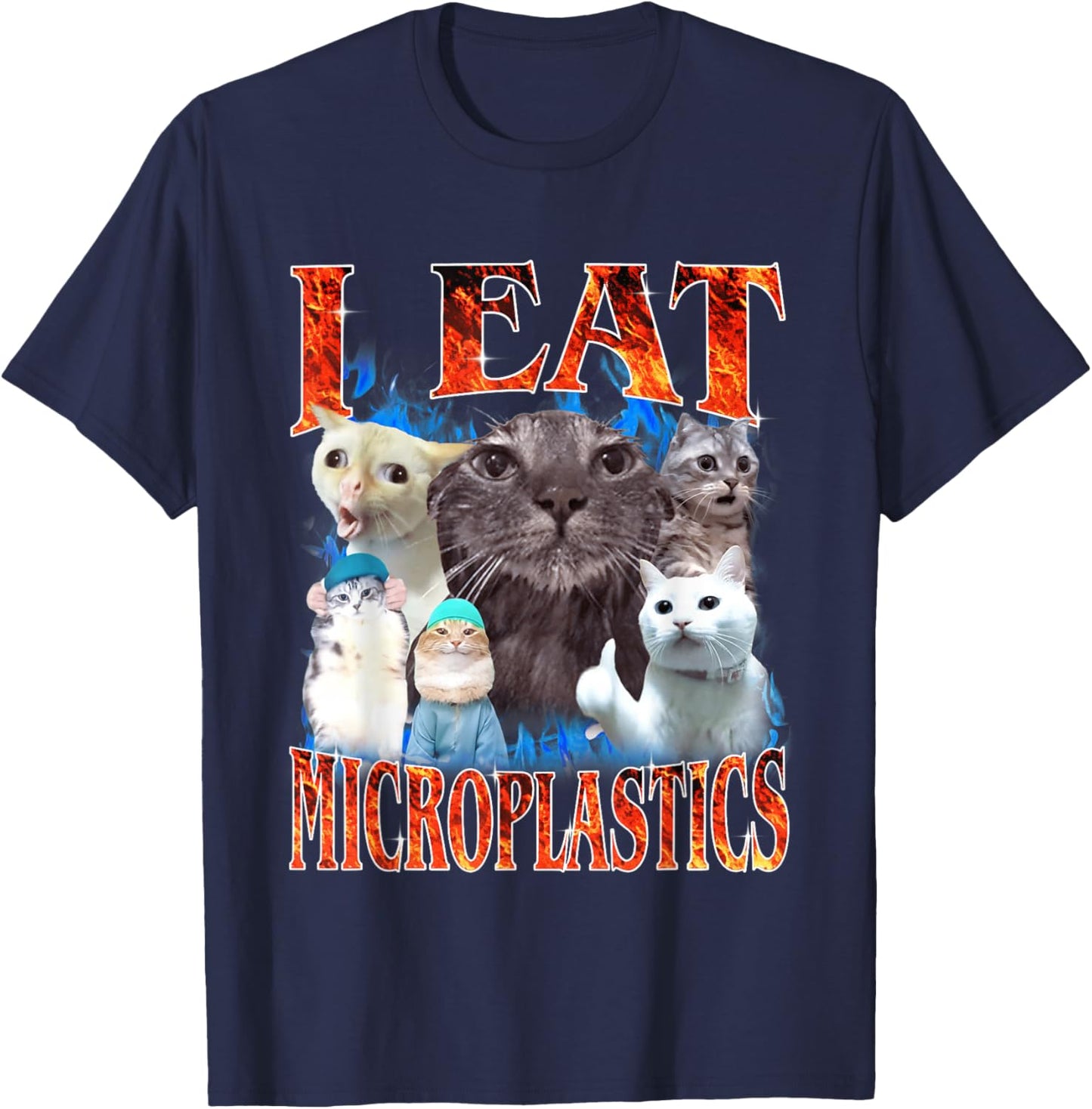 I Eat Microplastics Funny Cat Meme Y2K Bootleg Graphic T-Shirt - T-Shirt | Navy
