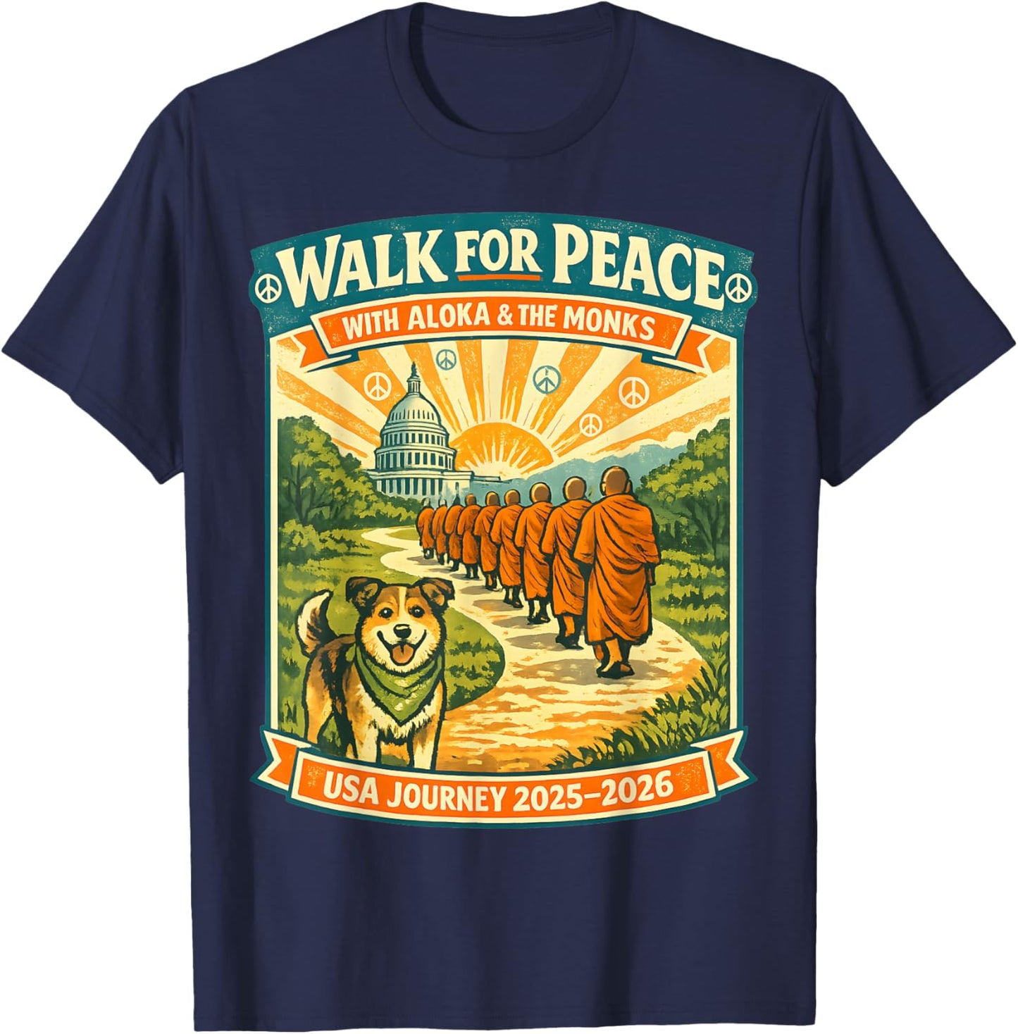 Walk for Peace Monks Dog USA Journey 2025-2026 Vintage Zen T-Shirt - T-Shirt | Navy