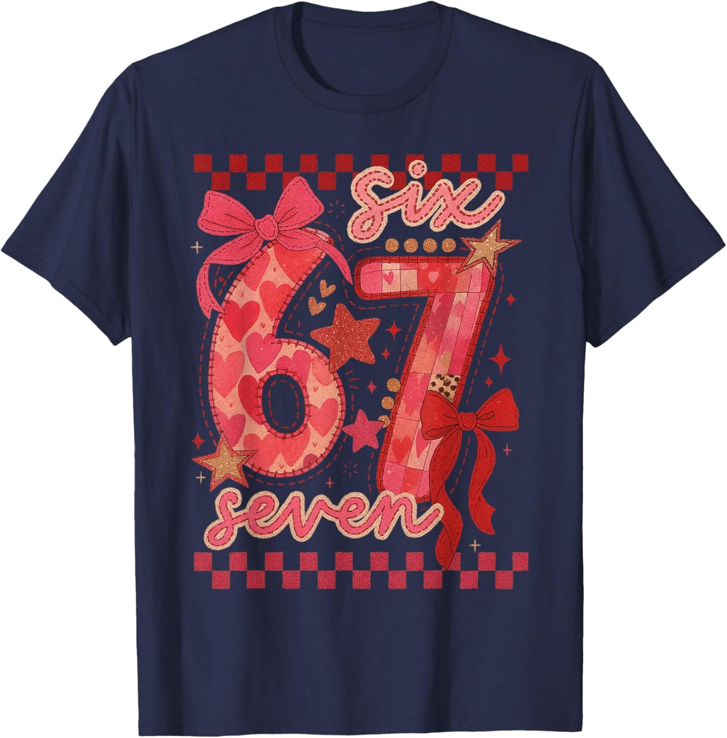 Six Seven Valentine 6 7 Meme Checkered Coquette Bow T-Shirt - T-Shirt | Navy
