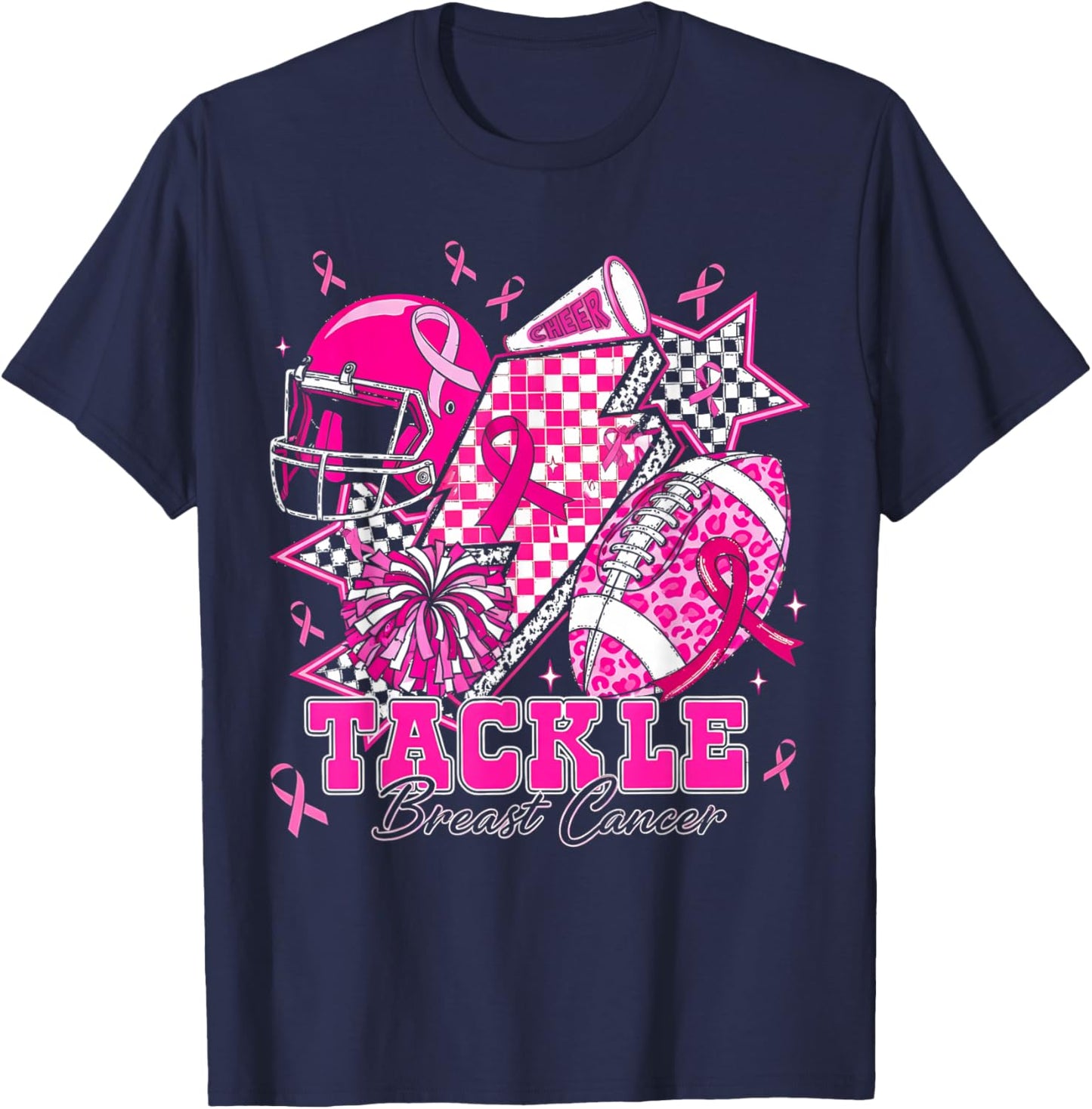 Tackle Breast Cancer Football Pink Ribbon Awareness T-Shirt - T-Shirt | Navy
