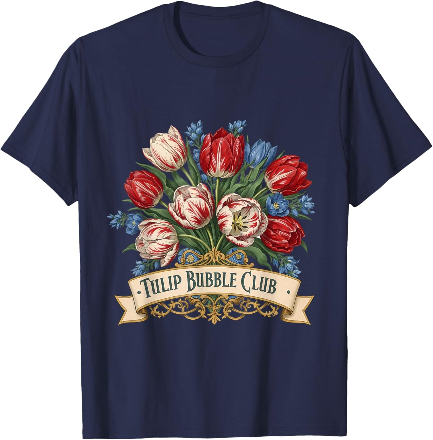 Tulip Mania 1637 Bubble Club Vintage Floral Bouquet T-Shirt - T-Shirt | Navy