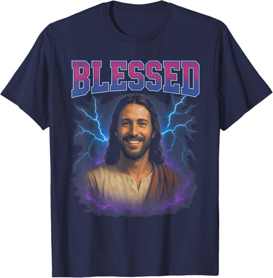 Blessed Jesus - Funny Cringy Meme Overloaded Christian T-Shirt - T-Shirt | Navy