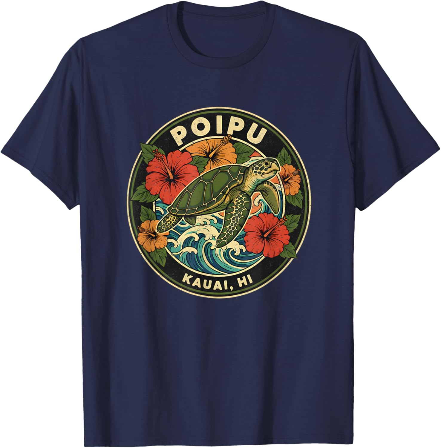 Poipu Sea Turtle Kauai Hawaii Vacation Hawaiian Tropical T-Shirt - T-Shirt | Navy