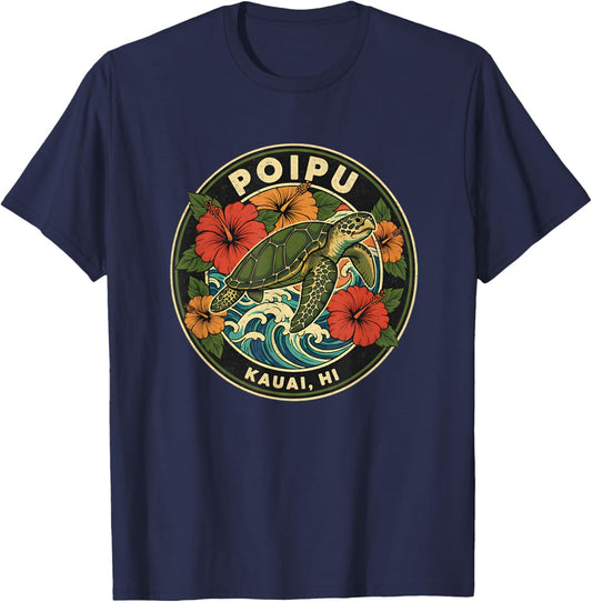 Poipu Sea Turtle Kauai Hawaii Vacation Hawaiian Tropical T-Shirt - T-Shirt | Navy