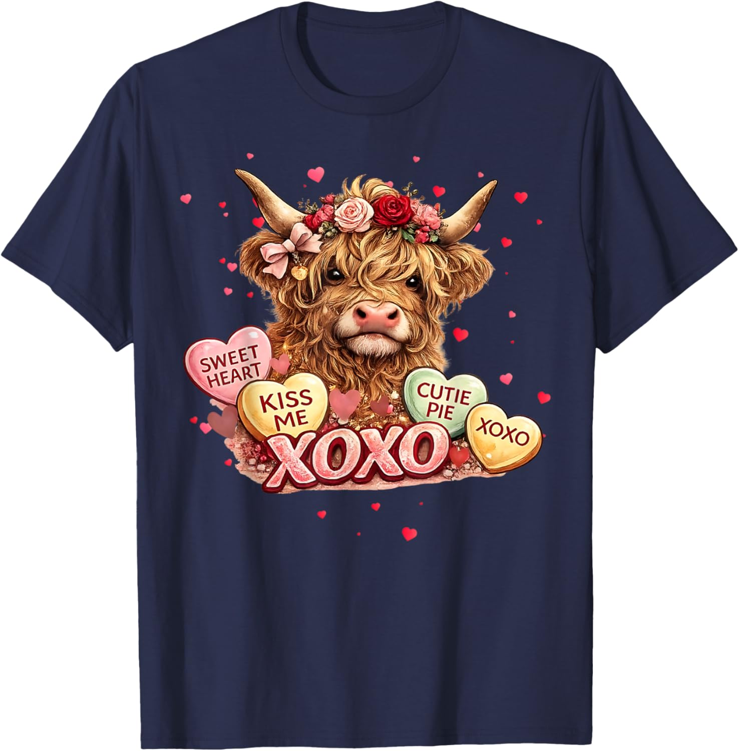 Cute Western Valentine Highland Cows with Hearts T-Shirt - T-Shirt | Navy