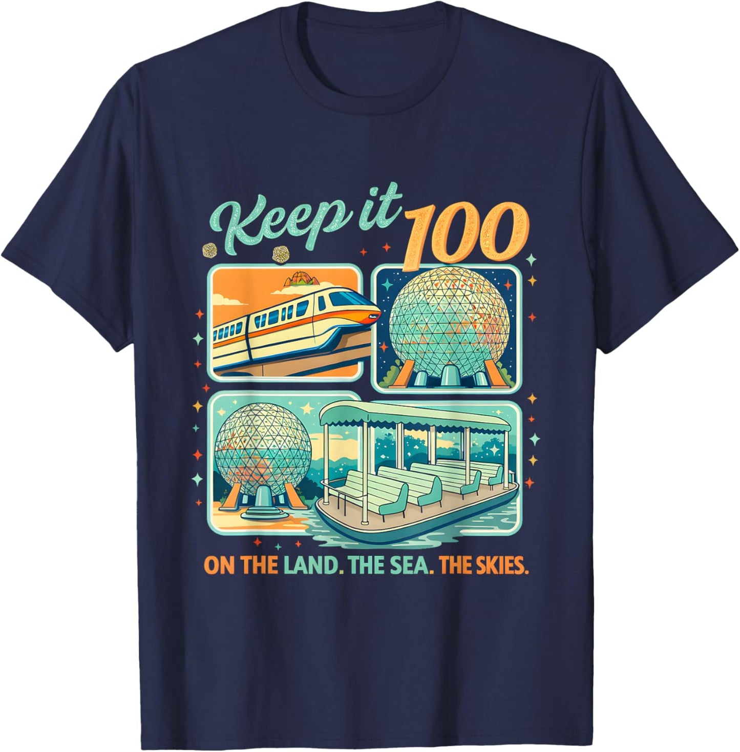 Keep It 100 Retro Transport Art Land Sea Sky Style T-Shirt - T-Shirt | Navy