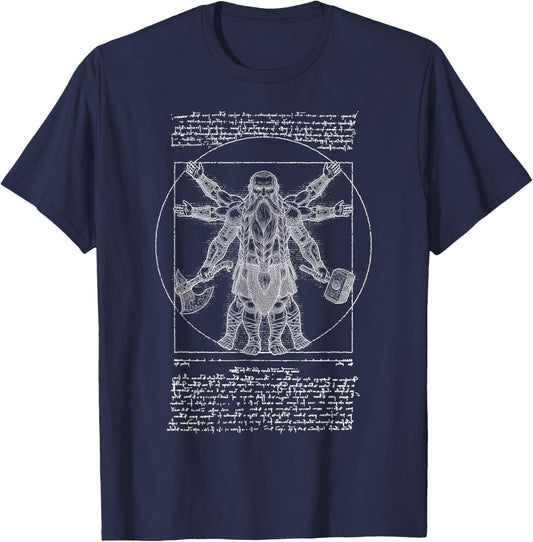 RPG Fantasy Dwarf Miniature Vitruvian Man Leonardo Da Vinci T-Shirt - T-Shirt | Navy
