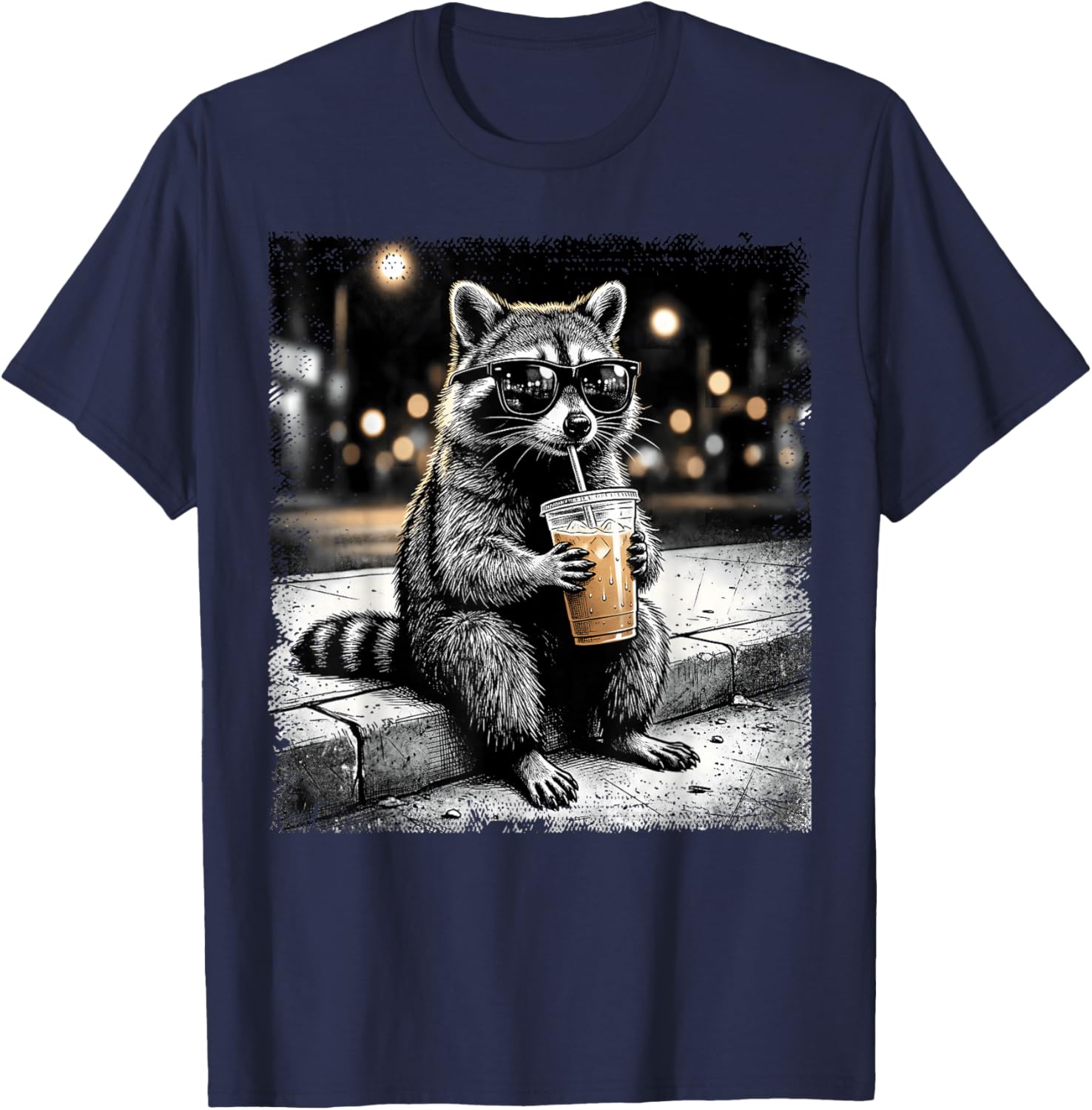 Raccoon Drinking Iced Coffee Funny Animal Meme Men Women T-Shirt - T-Shirt | Navy