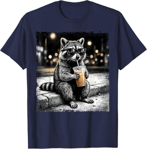 Raccoon Drinking Iced Coffee Funny Animal Meme Men Women T-Shirt - T-Shirt | Navy