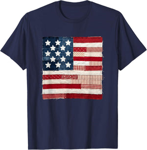 Rustic Quilted American Flag Patriotic USA Stars Stripes T-Shirt - T-Shirt | Navy
