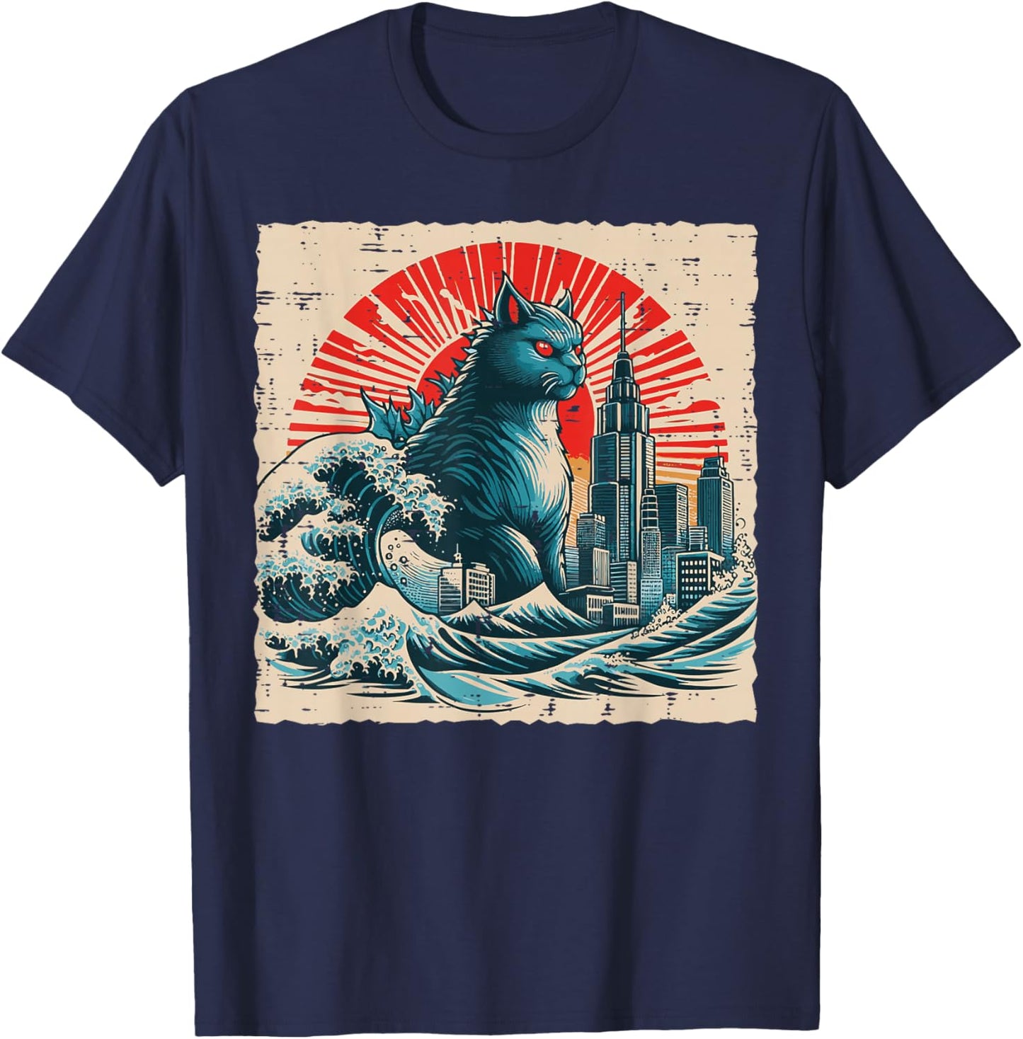 Japanese Cat Monster Great Wave City Ukiyo-e Men Women Kids T-Shirt - T-Shirt | Navy