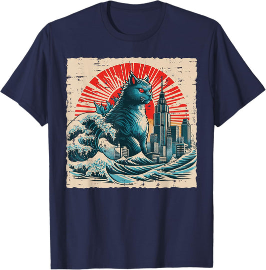 Japanese Cat Monster Great Wave City Ukiyo-e Men Women Kids T-Shirt - T-Shirt | Navy