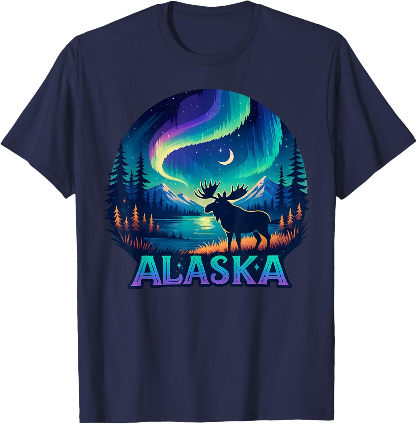 Alaska Northern Lights Aurora Viewing Alaska Vacation Moose T-Shirt - T-Shirt | Navy