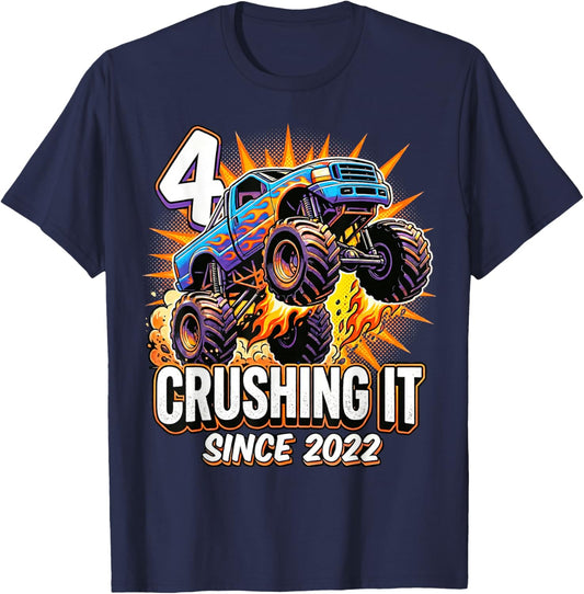 Birthday Monster Truck 4 Year Old Boys 4th Party Born 2022 T-Shirt - T-Shirt | Navy