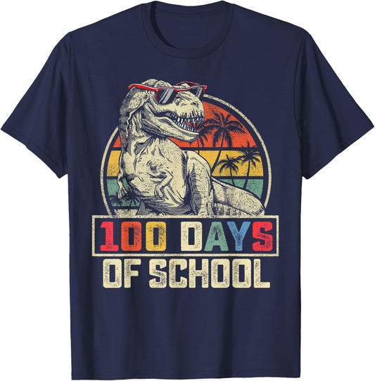 100 Days of School 100th Day Dinosaur T-rex Men Boys Kids T-Shirt - T-Shirt | Navy