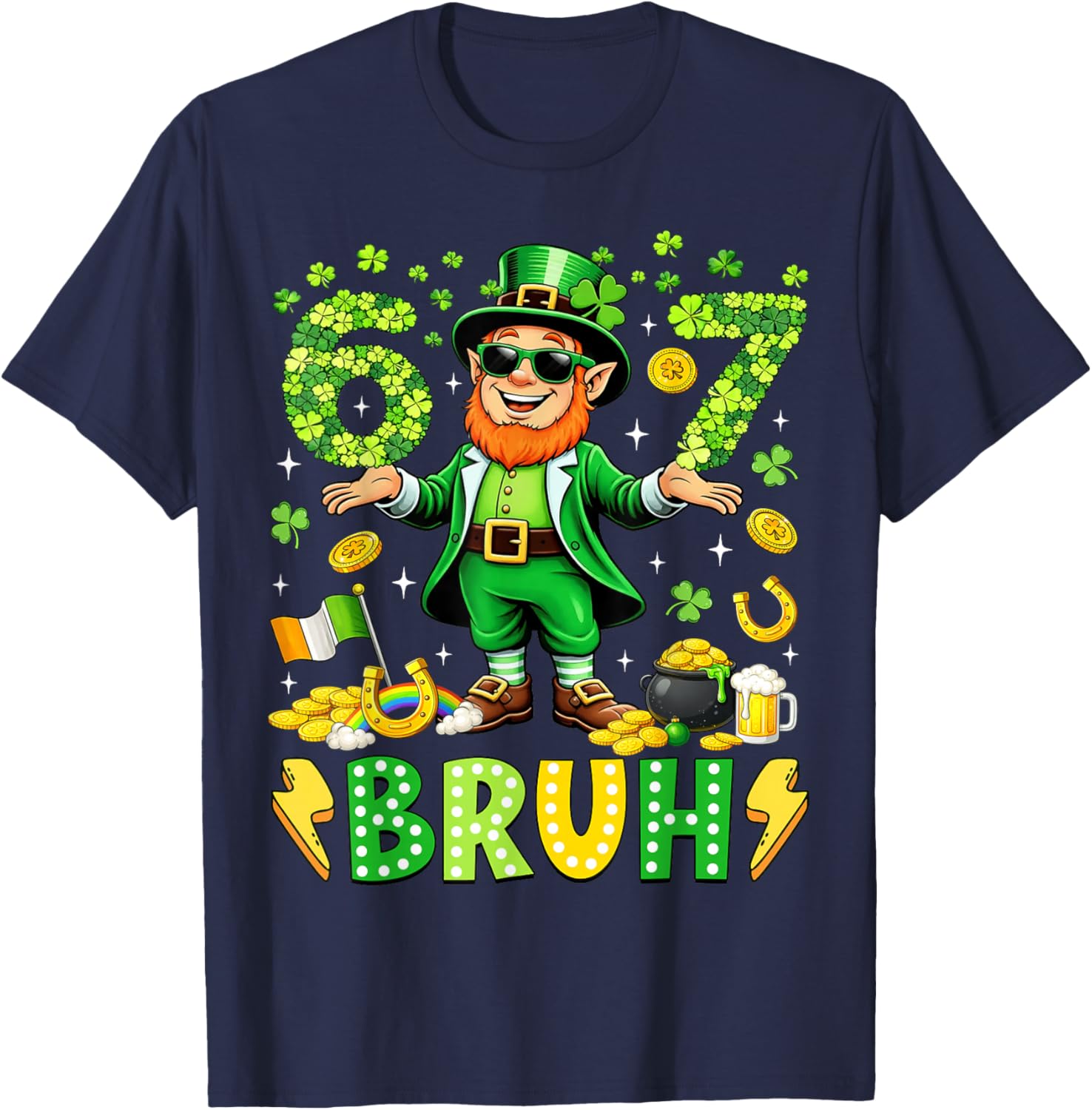 67 Bruh St Patricks Day Leprechaun Meme Six Seven Boys Kids T-Shirt - T-Shirt | Navy