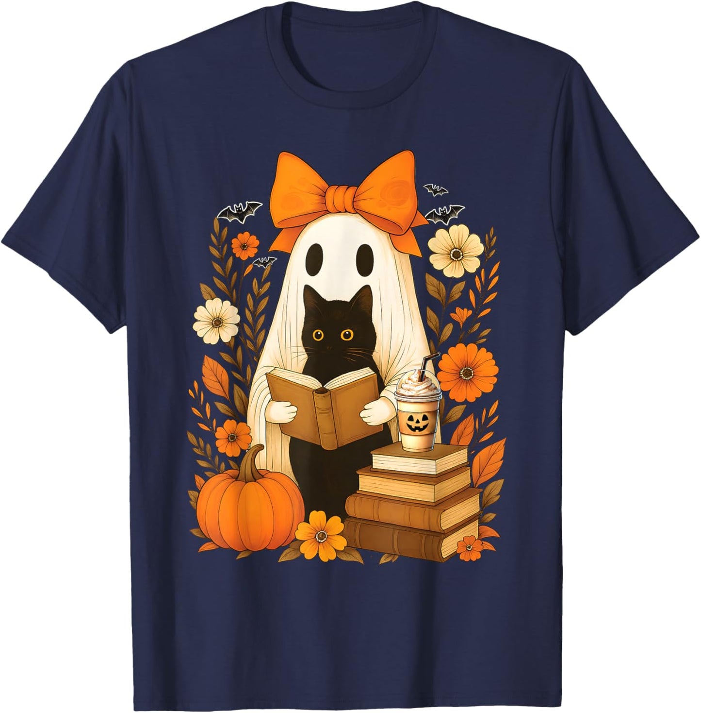 Groovy Floral Vintage Halloween Ghost Reading Book Cat Lover T-Shirt - T-Shirt | Navy
