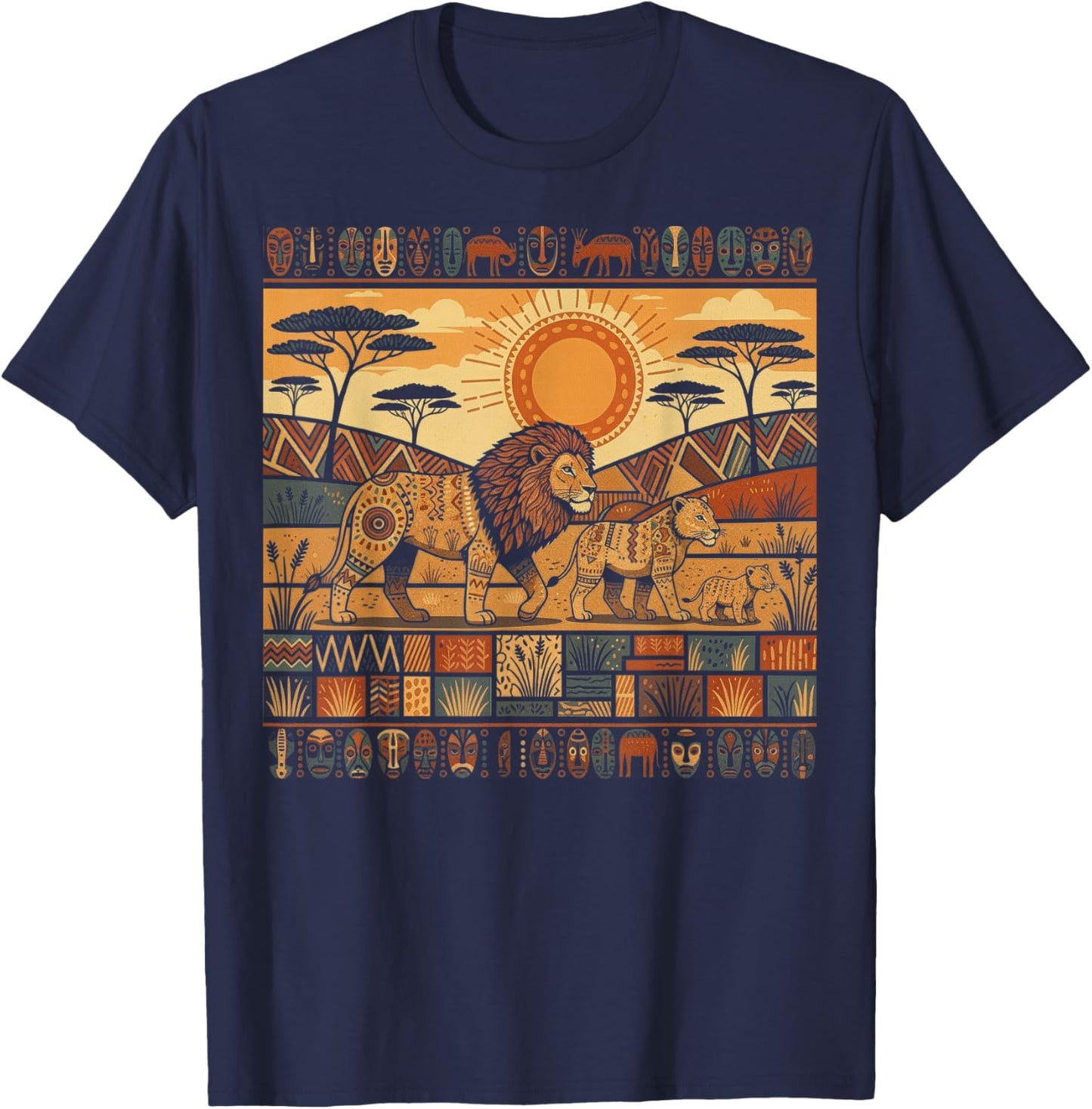 African Lion Family Tribal Kente Pattern Safari Ghana T-Shirt - T-Shirt | Navy