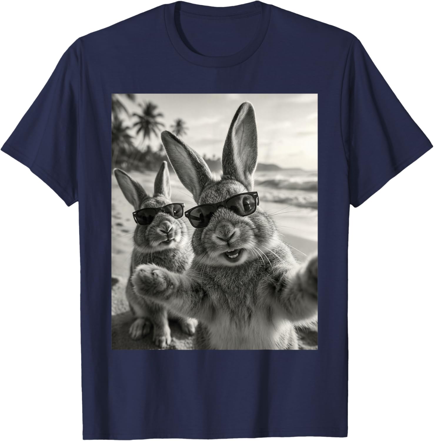 Cool Bunny Selfie At The Beach, Cute Bunnies T-Shirt - T-Shirt | Navy