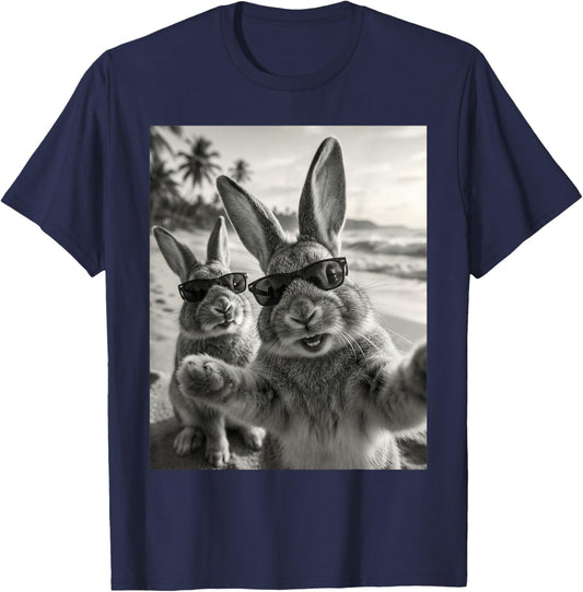 Cool Bunny Selfie At The Beach, Cute Bunnies T-Shirt - T-Shirt | Navy