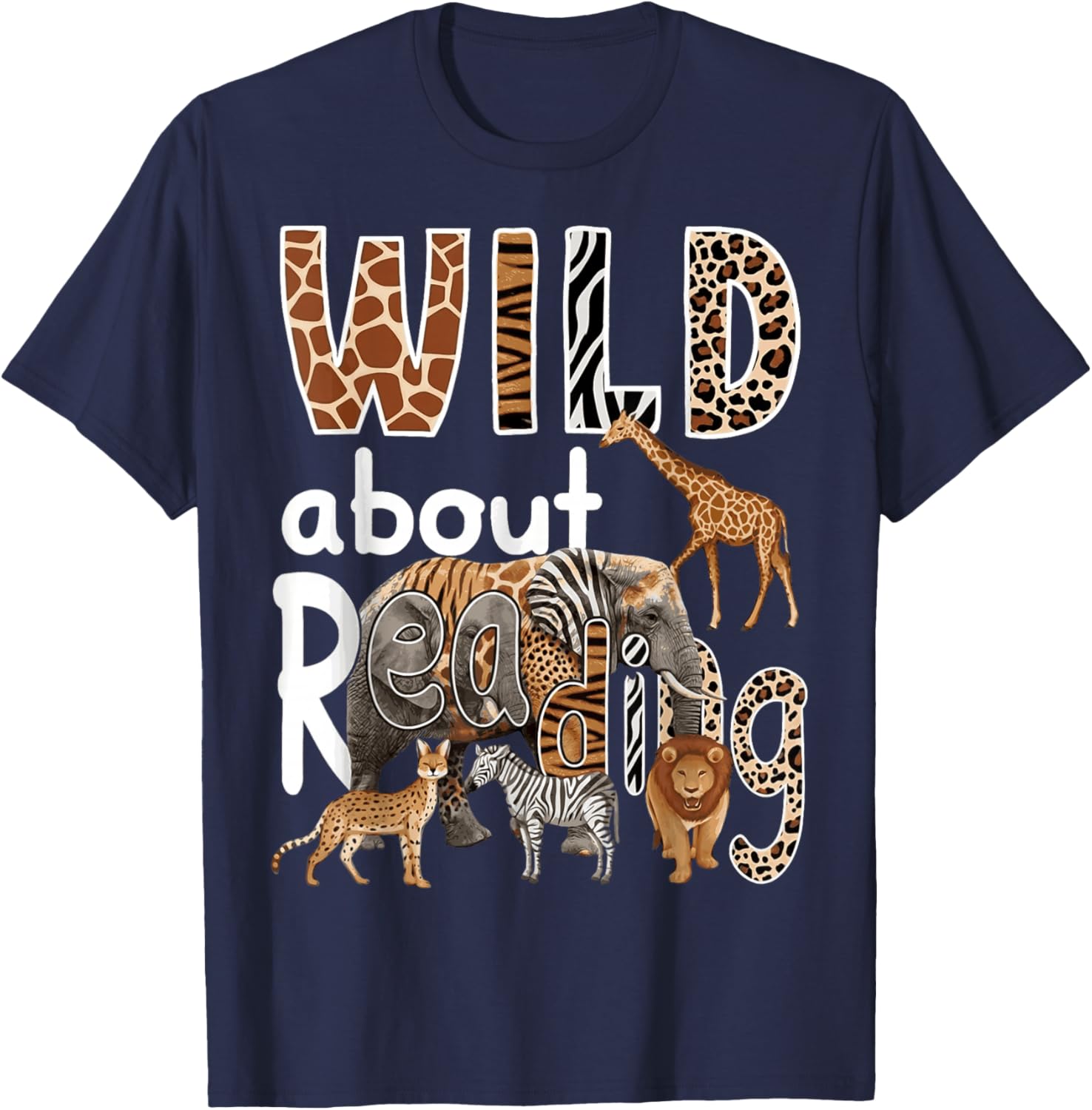Zoo Animals Wild About Reading Books Reader Lover Librarian T-Shirt - T-Shirt | Navy