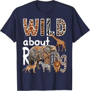 Zoo Animals Wild About Reading Books Reader Lover Librarian T-Shirt - T-Shirt | Navy