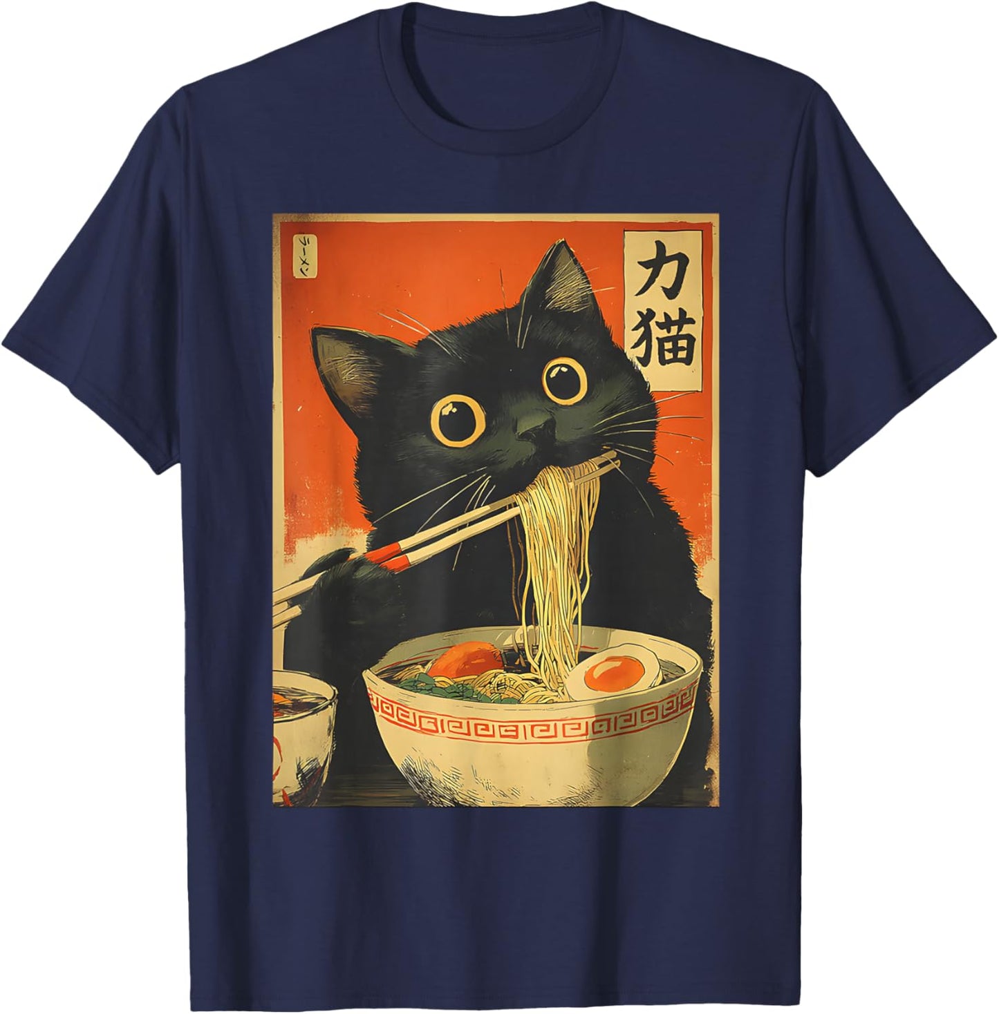 Kawaii Cat Eating Ramen Noodles Funny Anime Gift Girls Teens T-Shirt - T-Shirt | Navy