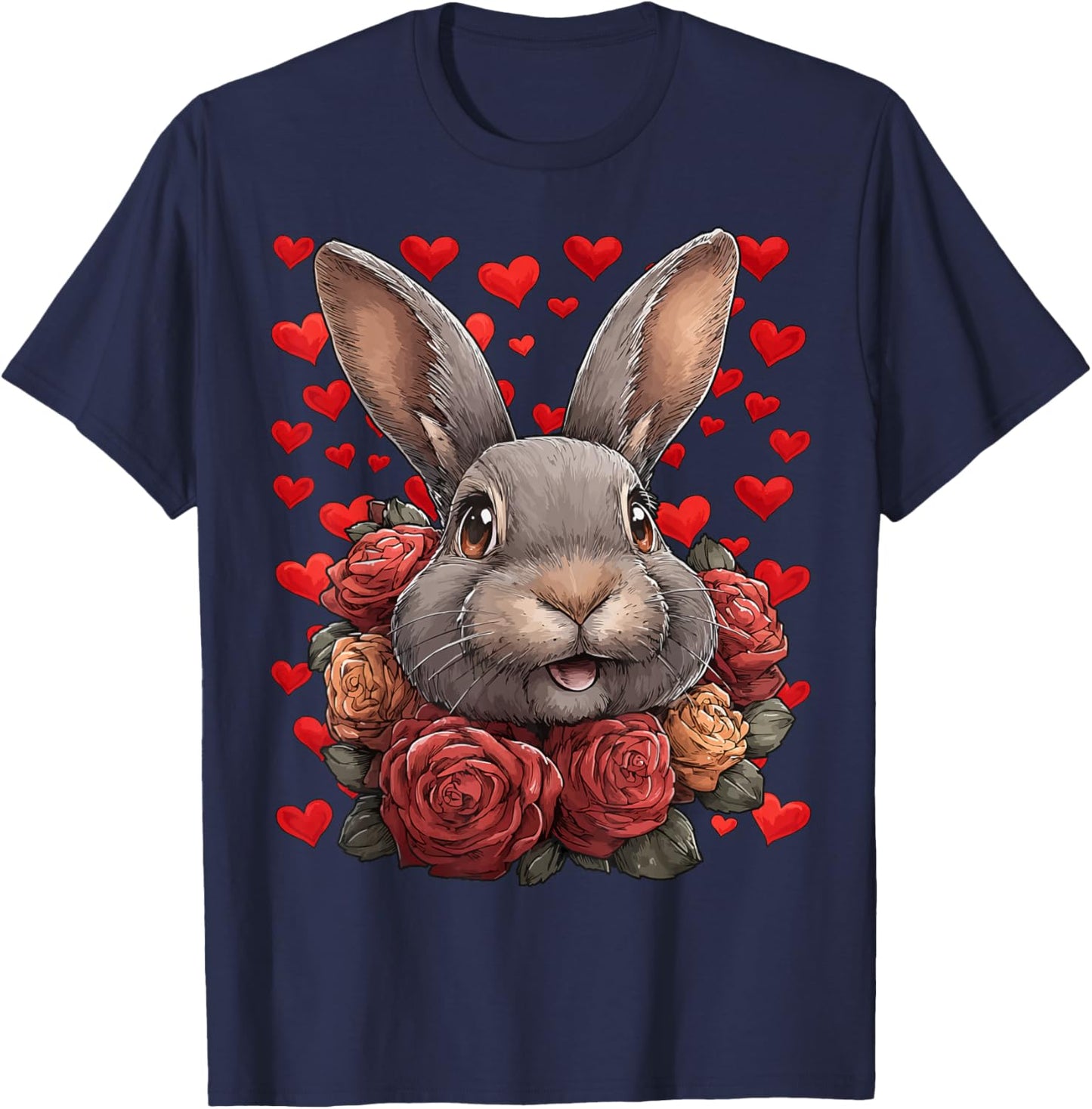 Cute Rabbit with Red Roses Hearts Valentine’s Day Animal T-Shirt - T-Shirt | Navy
