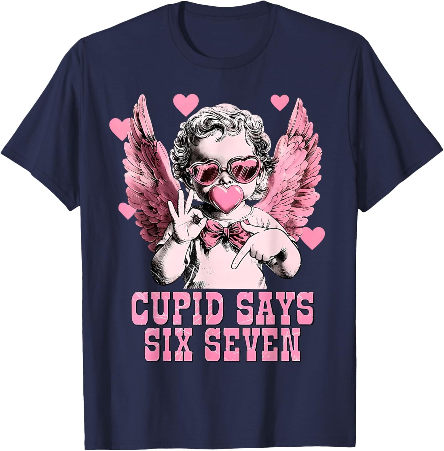 Retro Cupid Says Six Seven Hands Sign Blowing Bubble Hearts T-Shirt - T-Shirt | Navy