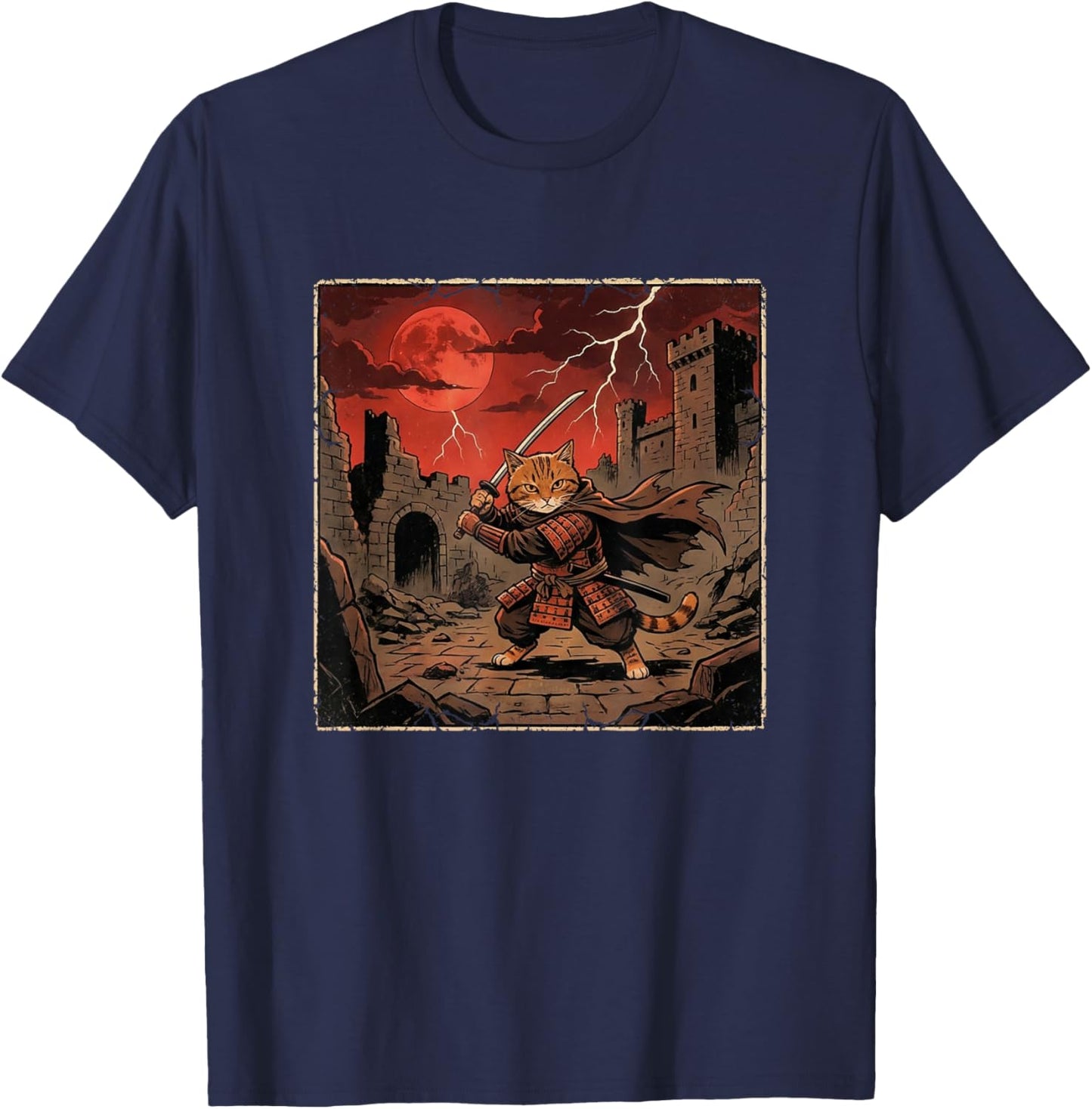 Japanese Vintage Warrior Samurai Orange Tabby Cat T-Shirt - T-Shirt | Navy