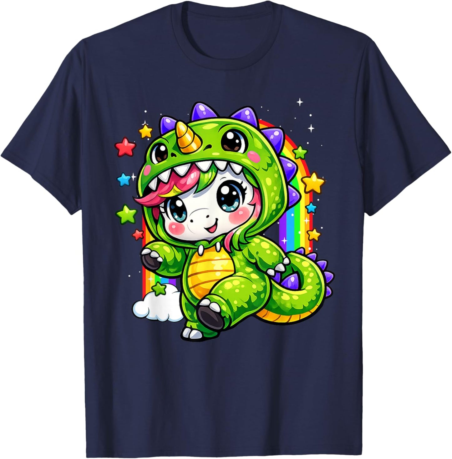 Unicorn Dinosaur Costume Cosplay Colourful Rainbow Boy Girl T-Shirt - T-Shirt | Navy
