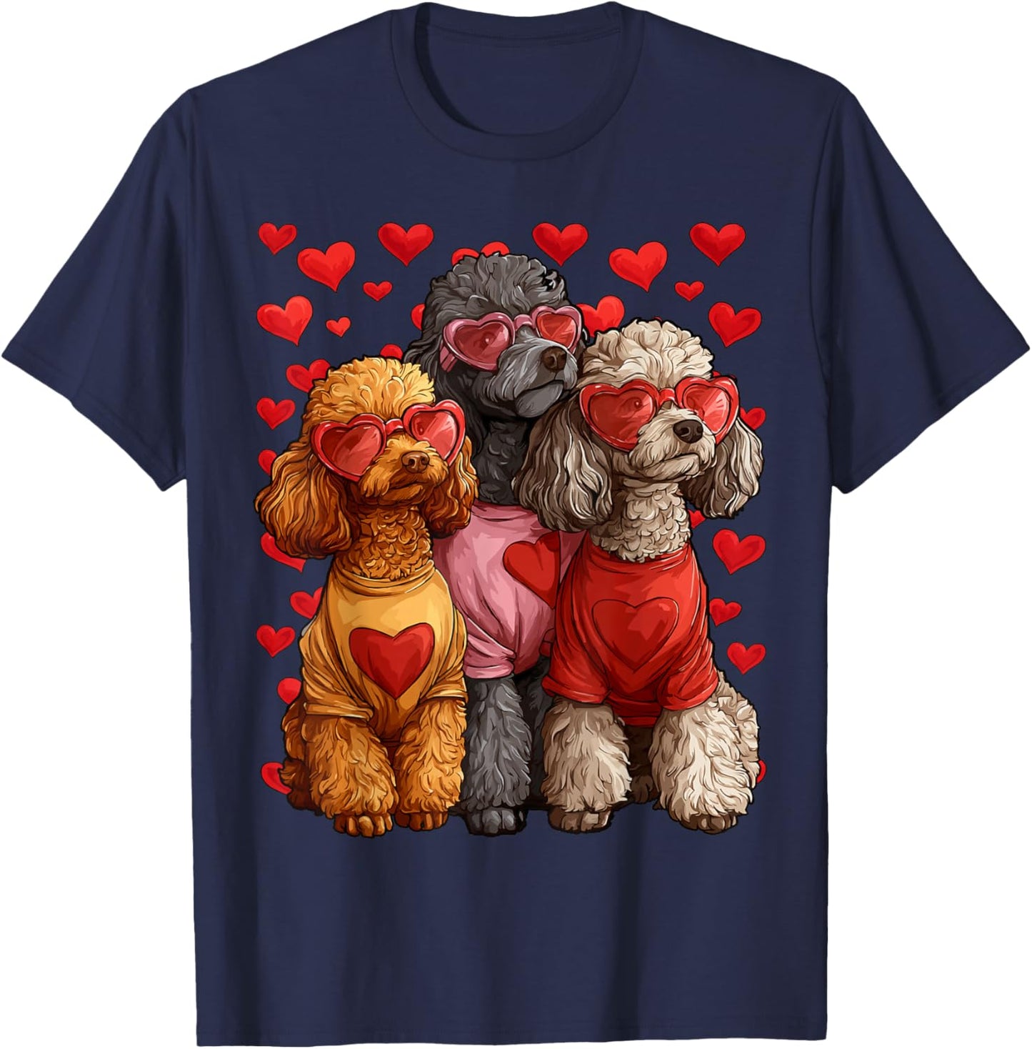 Cute Poodles Dogs with Hearts Sunglasses Valentines Day Love T-Shirt - T-Shirt | Navy