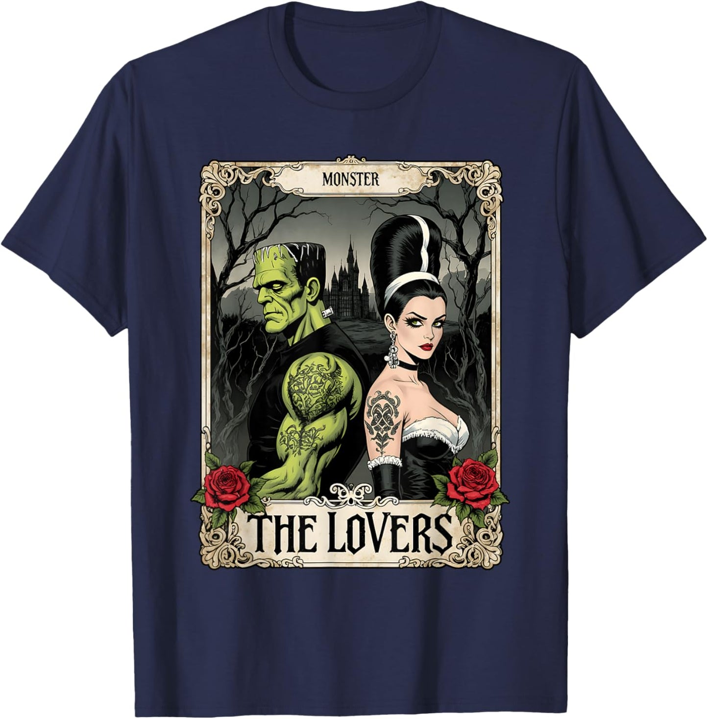 Frankenstein Couple Tarot Gothic Lovers Halloween Party T-Shirt - T-Shirt | Navy