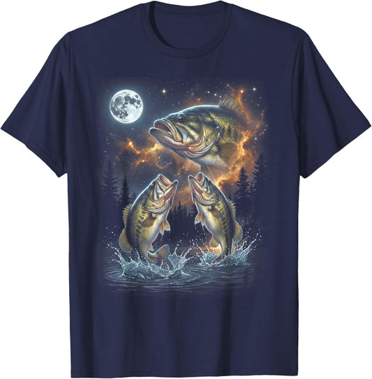 Bass Fish Howling at The Moon 90s Vintage Angler Fisherman T-Shirt - T-Shirt | Navy