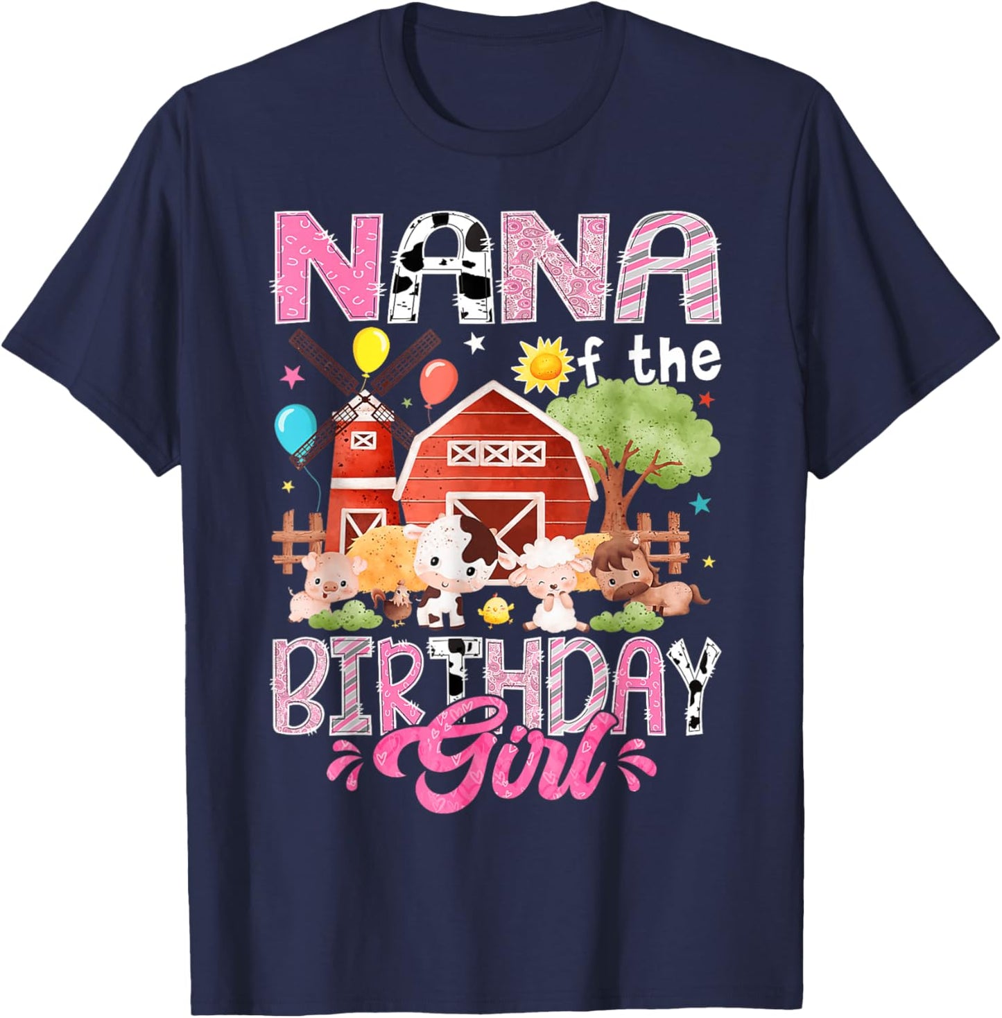 Nana of The Birthday Girl 1St Birthday Pink Farm T-Shirt - T-Shirt | Navy