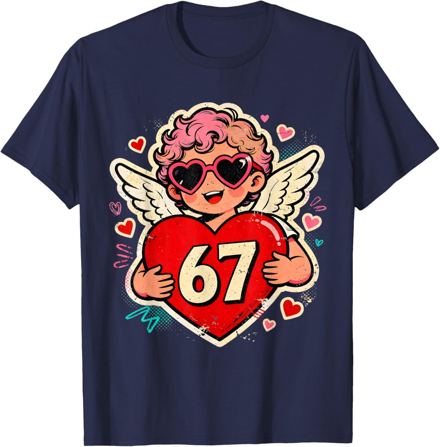 Valentine 67 Six Seven Cupid Heart Meme Design T-Shirt - T-Shirt | Navy