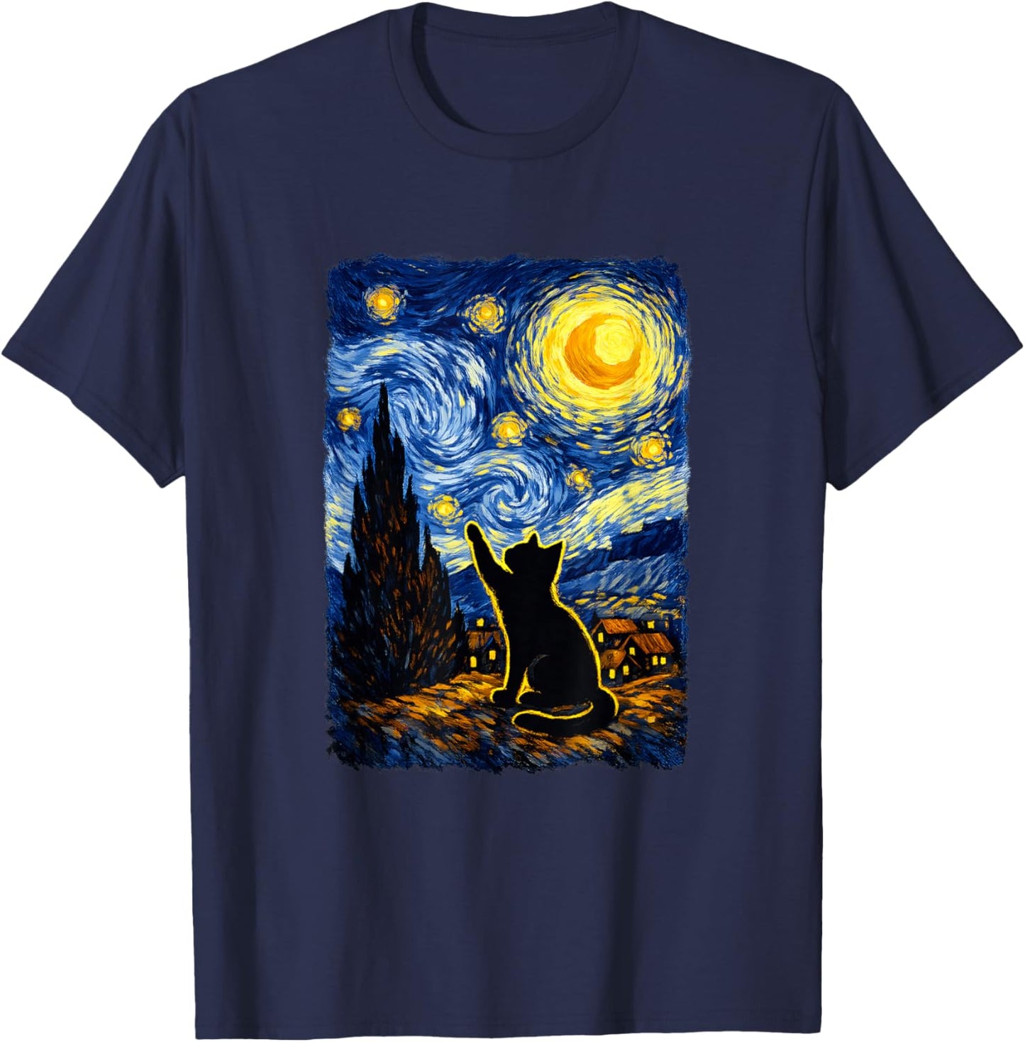 Starry Night Cat Art PostImpressionist T-Shirt - T-Shirt | Navy