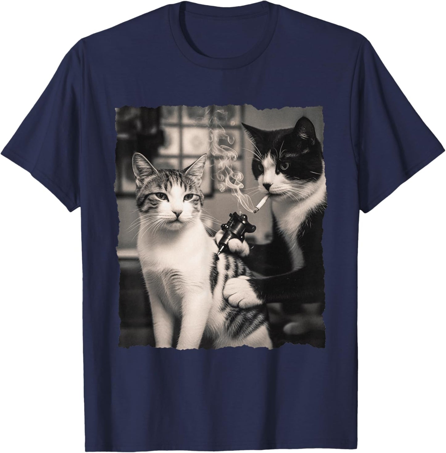 Vintage Cat Smoking Tattoo Inked Kitty Artist Funny Tattooin T-Shirt - T-Shirt | Navy