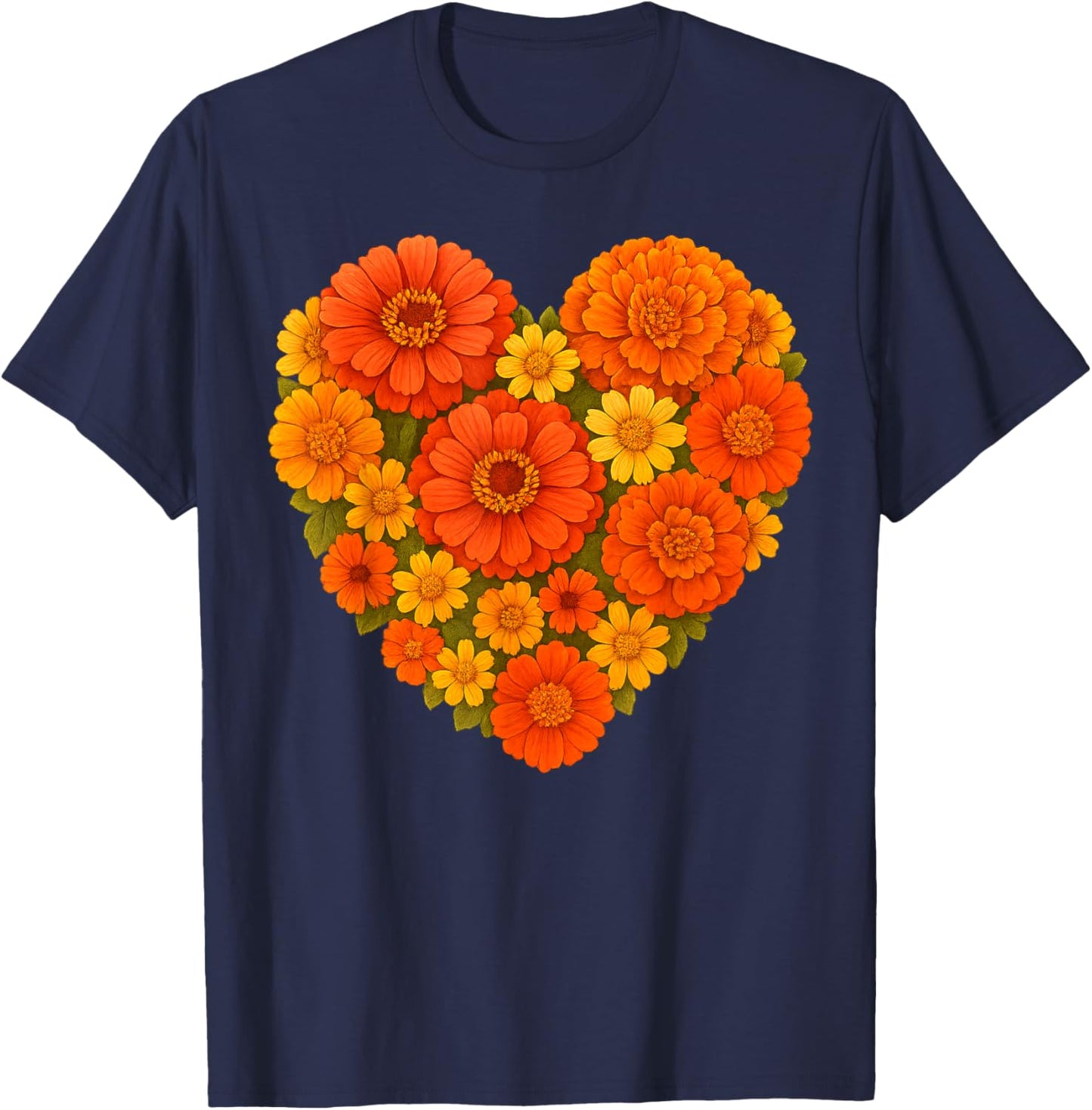 Heart Shaped Orange Yellow Marigold Zinnia Bouquet Botanical T-Shirt - T-Shirt | Navy
