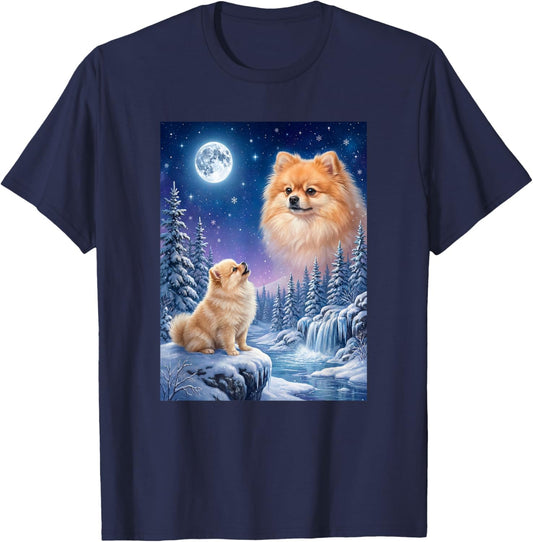 Howling to The Moon Meme Animal Dog Pomeranian T-Shirt - T-Shirt | Navy
