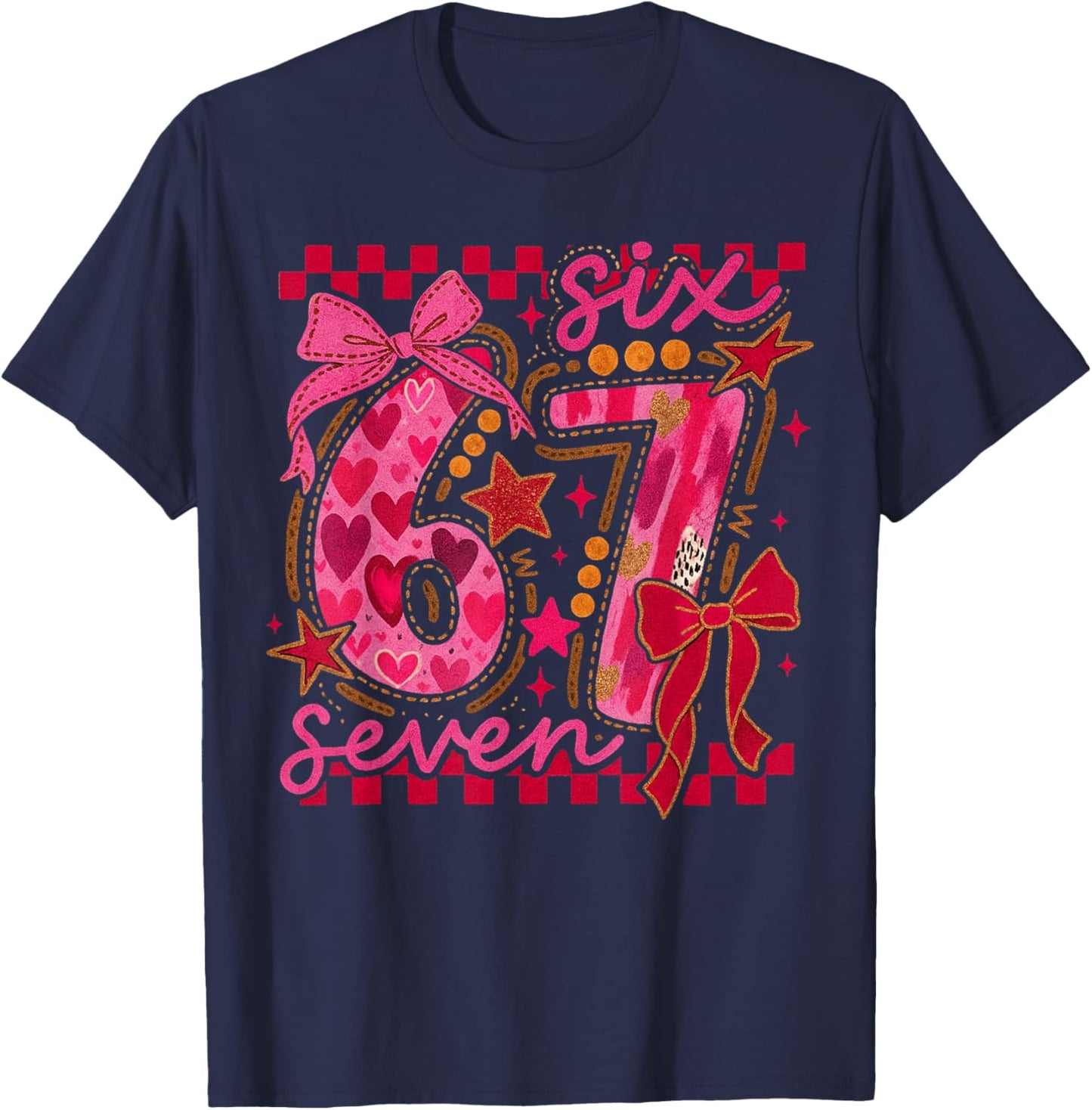Six Seven Valentine 6 7 Meme Checkered Coquette Bow T-Shirt - T-Shirt | Navy
