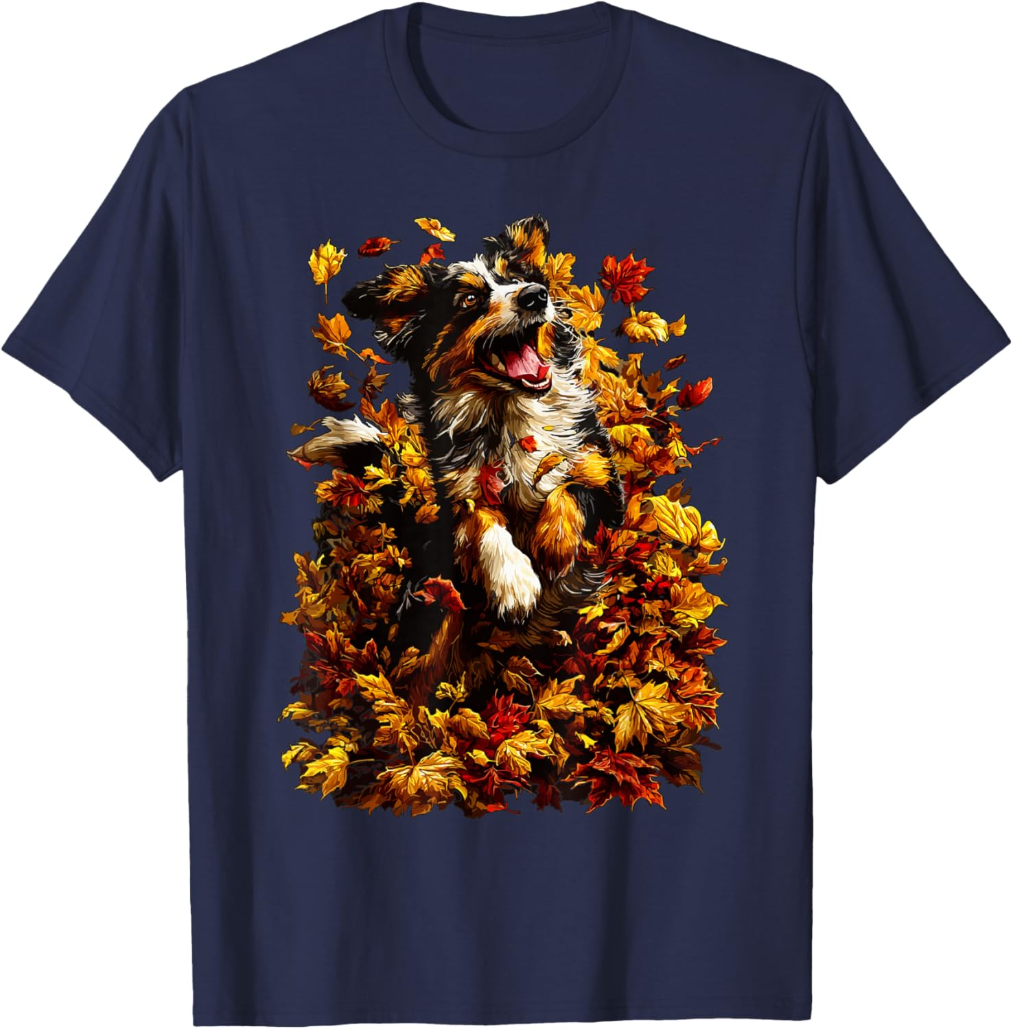 Cute Australian Shepherd with Fall Leaves Autumn Aesthetic T-Shirt - T-Shirt | Navy
