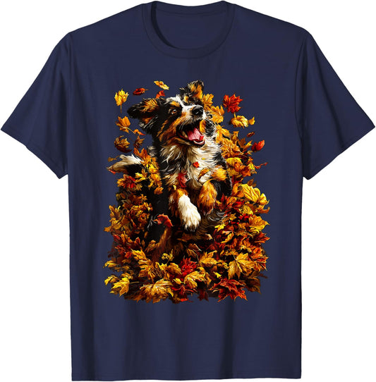Cute Australian Shepherd with Fall Leaves Autumn Aesthetic T-Shirt - T-Shirt | Navy