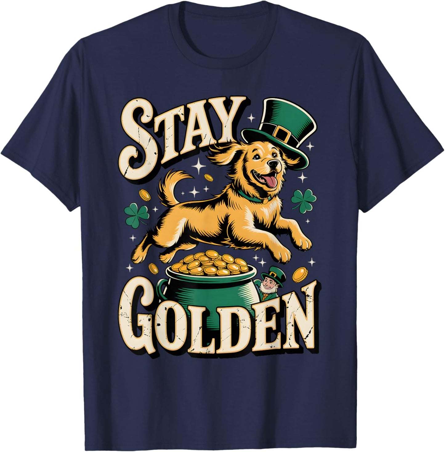 St Patrick Day Dog Shamrock Irish Golden Retriever Pot T-Shirt - T-Shirt | Navy