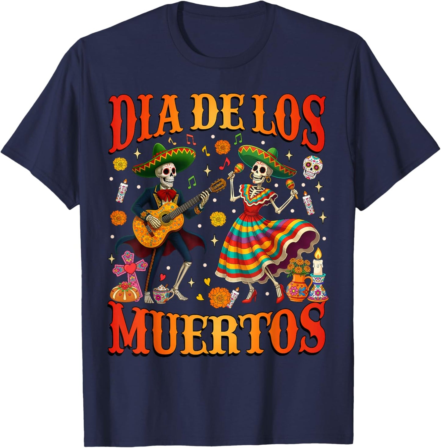 Dia De Los Muertos Dancing Skeletons Guitar Day of The Dead T-Shirt - T-Shirt | Navy